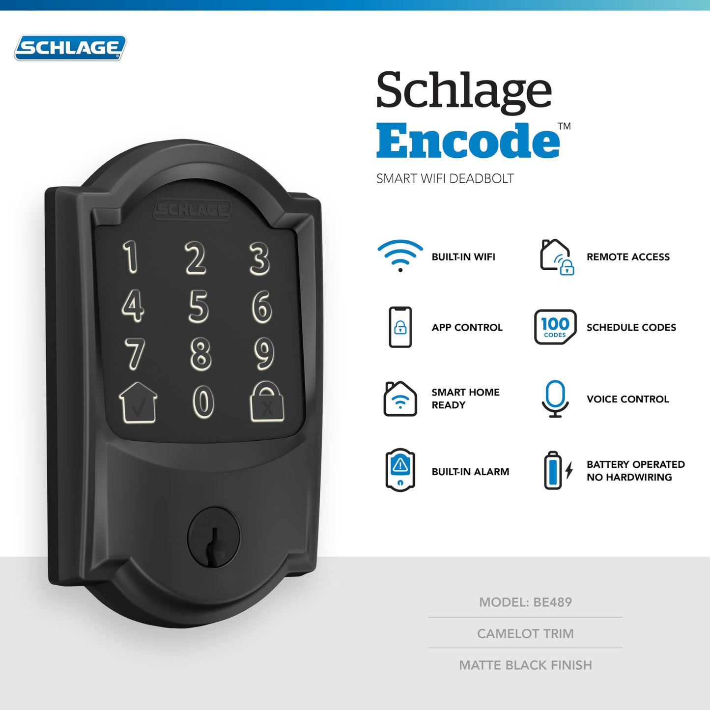 Encode Smart Wi-Fi Deadbolt with Camelot Trim in Matte Black