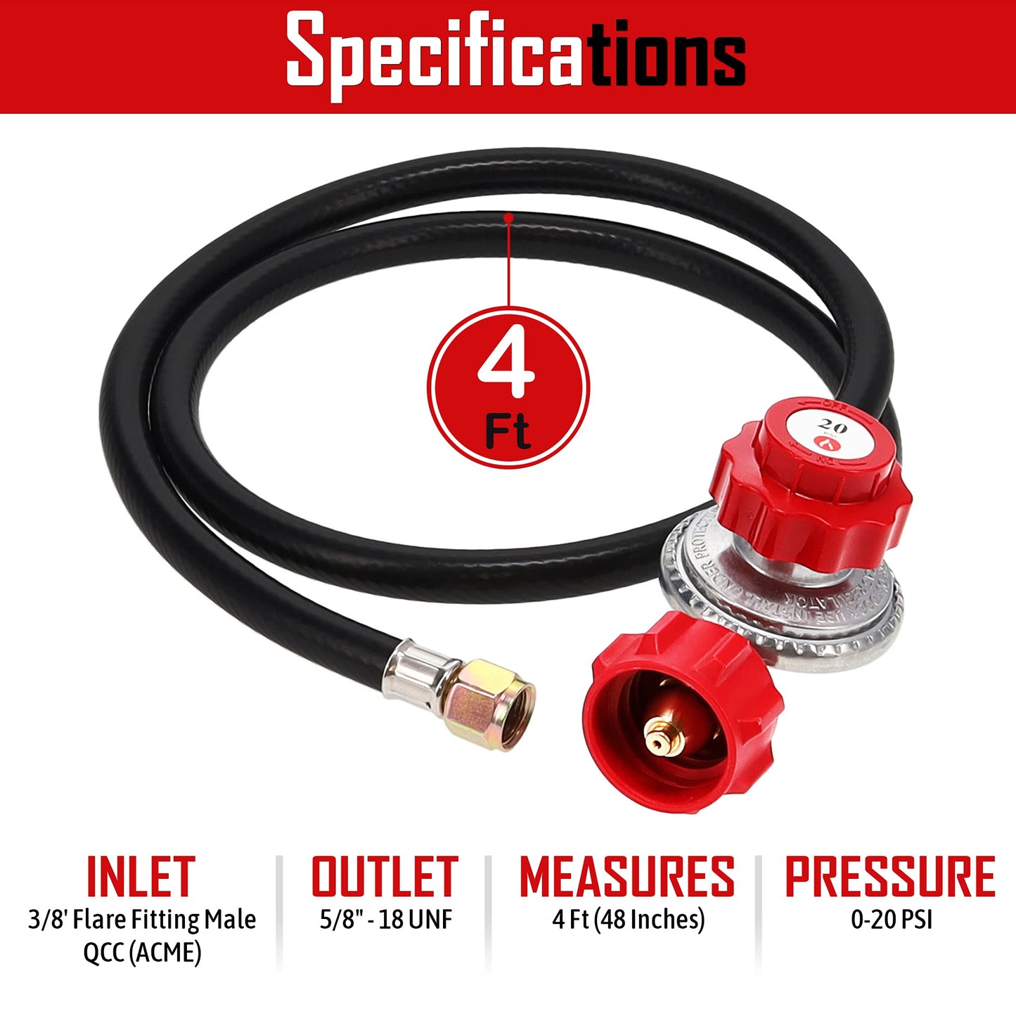 High Pressure 0-20 PSI Adjustable Regulator with Red QCC-1 Type Hose