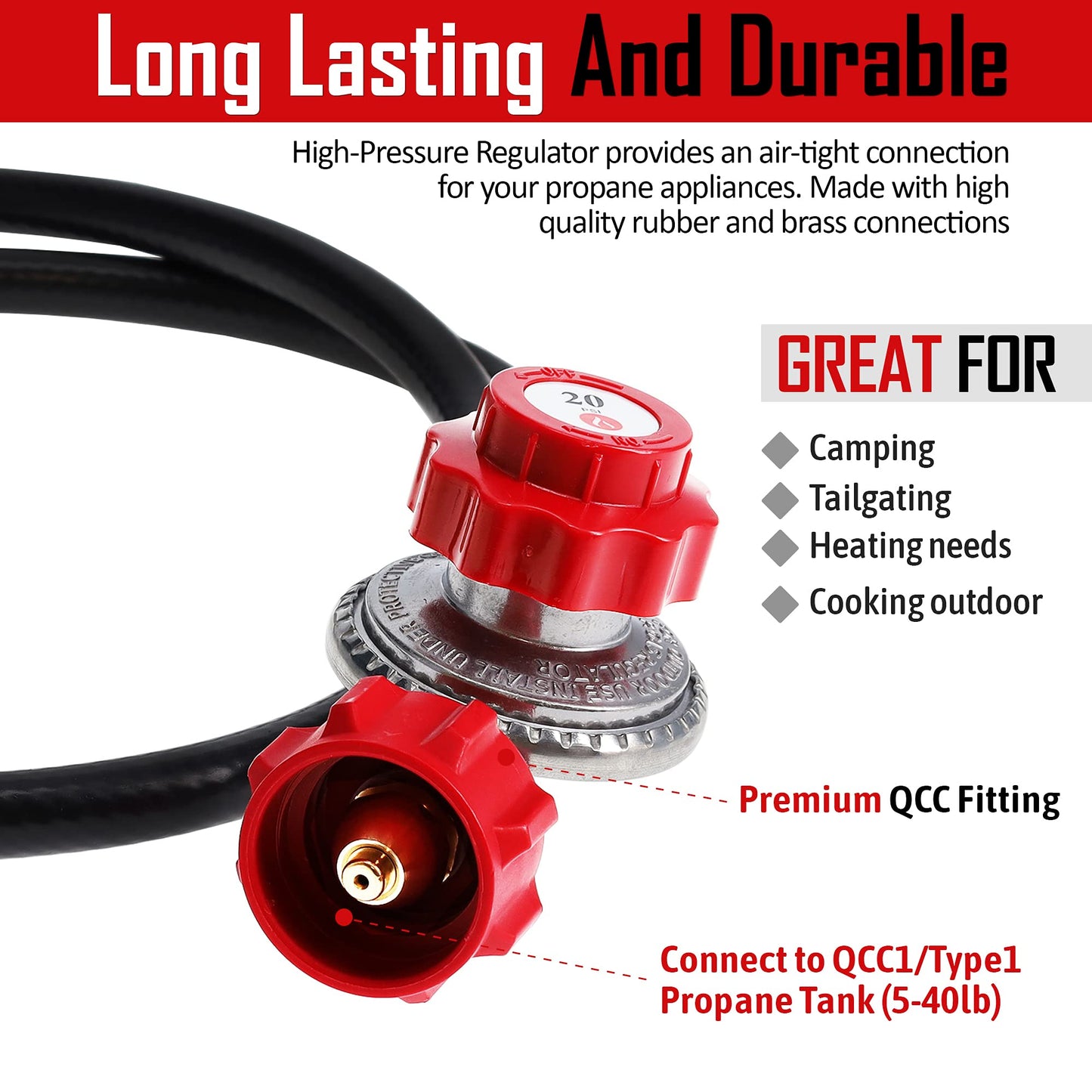 High Pressure 0-20 PSI Adjustable Regulator with Red QCC-1 Type Hose