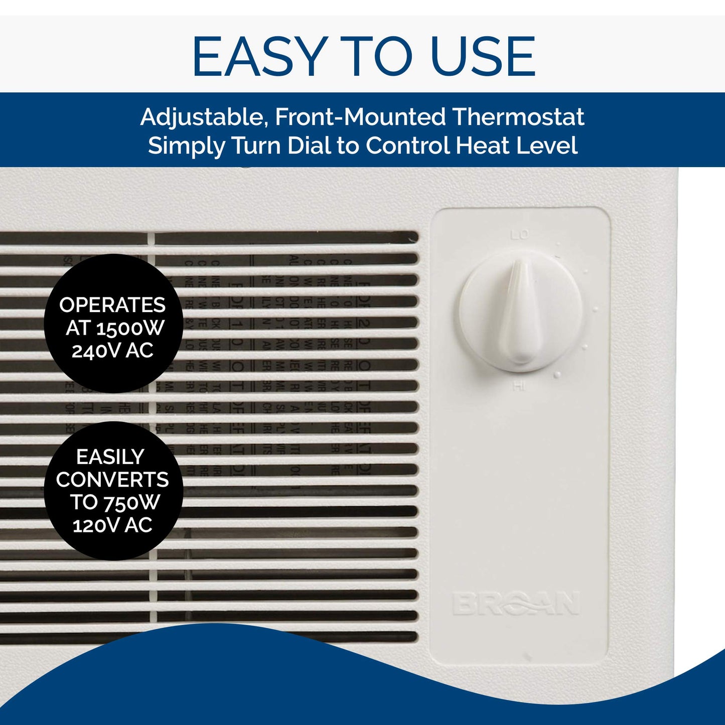 High Capacity Wall Heater with Built-In Adjustable Thermostat, 1500W